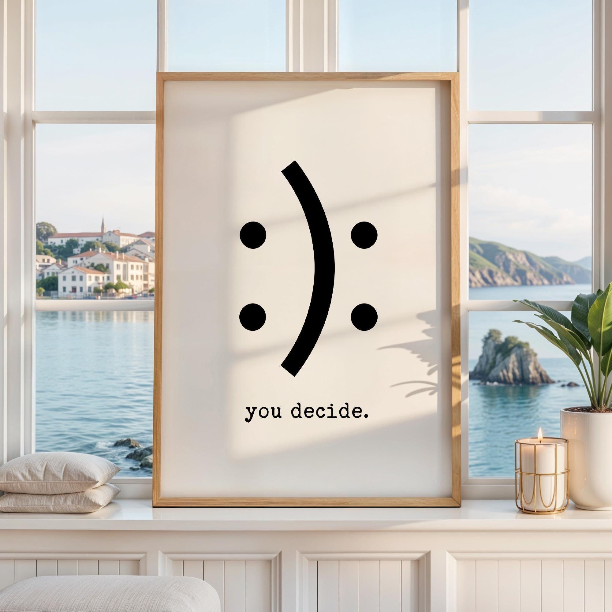 May include: A framed vertical wall art print featuring a cream-colored background with a black graphic design. The design consists of four black dots arranged in two vertical pairs with a large black curved line in the center and the text you decide.