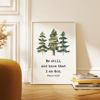 Be Still and Know That I Am God Print, Psalm 46:10 Wall Art, Christian Home Decor, Watercolor Trees