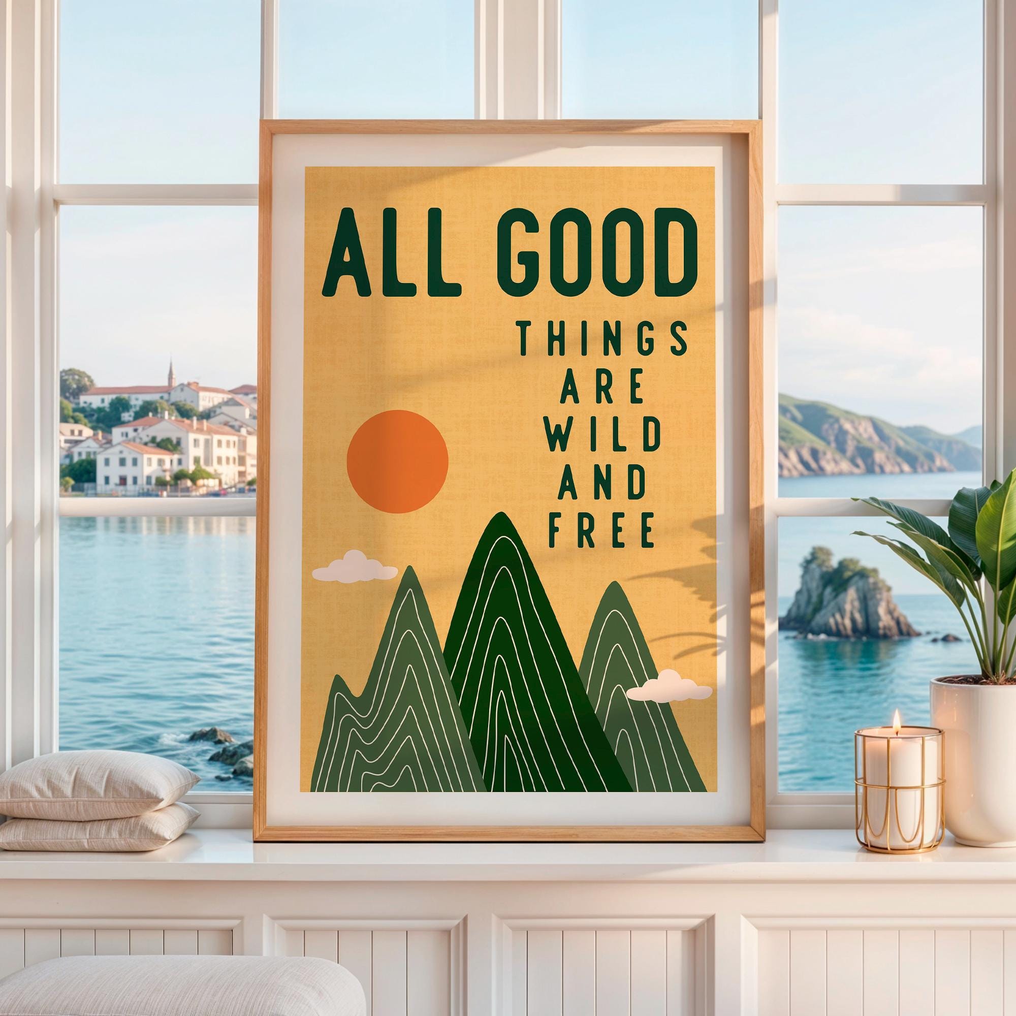 All Good Things Are Wild And Free Print, Retro Mountain Wall Art, Thoreau Quote