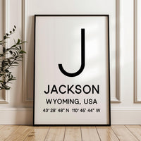 Jackson, Wyoming with GPS Coordinates Minimalist Typography Art Print, Tetons, Travel, Ski