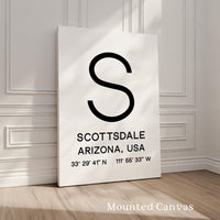 A white canvas with a large black letter "S" and geographical information about Scottsdale, Arizona, USA.