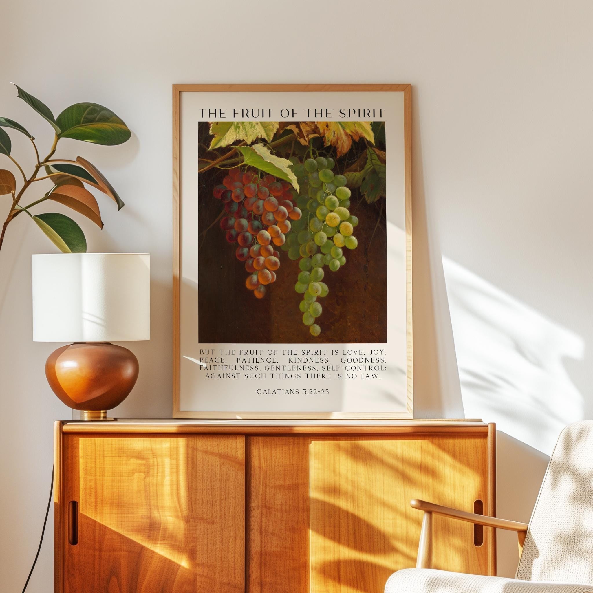 Fruit of the Spirit Bible Verse Wall Art, Galatians 5:22–23, Christian Typography Print with Grapes Painting