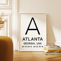 Atlanta, Georgia with GPS Coordinates Typography Art Print, Minimalist Wall Art, Travel