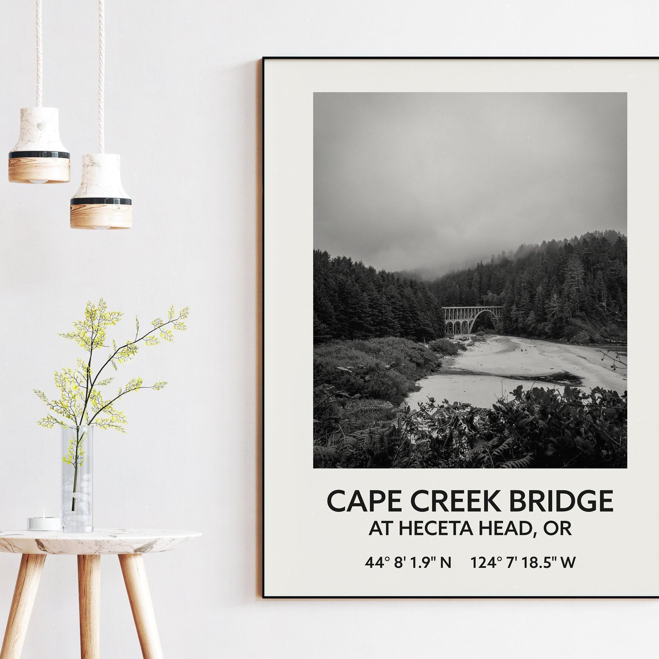 Cape Creek Bridge At Heceta Head, Oregon with GPS Coordinates Black & White Art Print - Travel - Oregon - Hwy 101 - Oregon Coast
