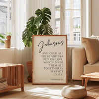 Personalized Family Name Bible Verse Print, Colossians 3:14 Wall Art, And Over All These Virtues, Wedding Housewarming Gift