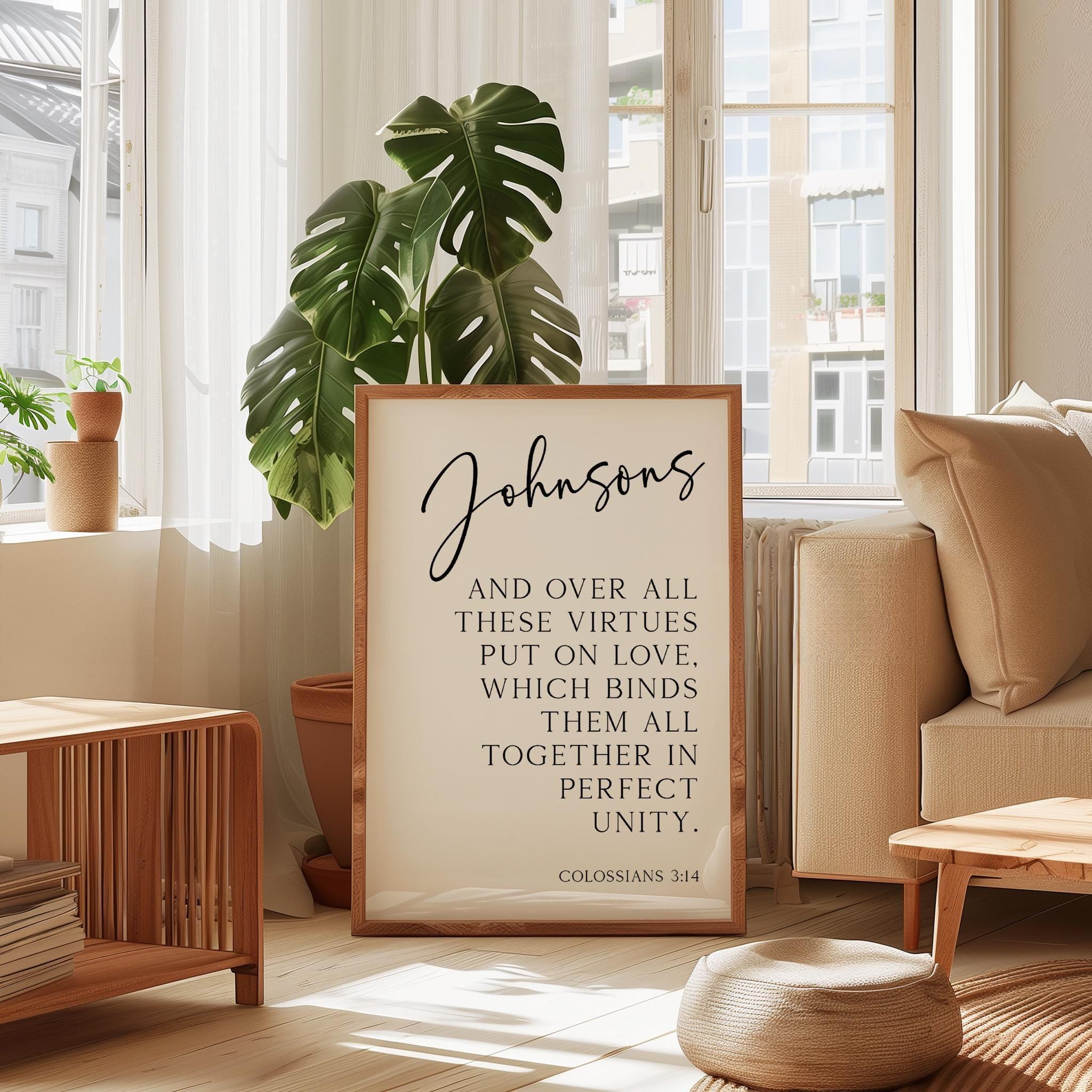 Personalized Family Name Bible Verse Print, Colossians 3:14 Wall Art, And Over All These Virtues, Wedding Housewarming Gift