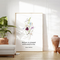 Isaac Newton Quote, “Nature is pleased with simplicity.” Typography Art Print with Wildflowers• Nature Lover - (1687)