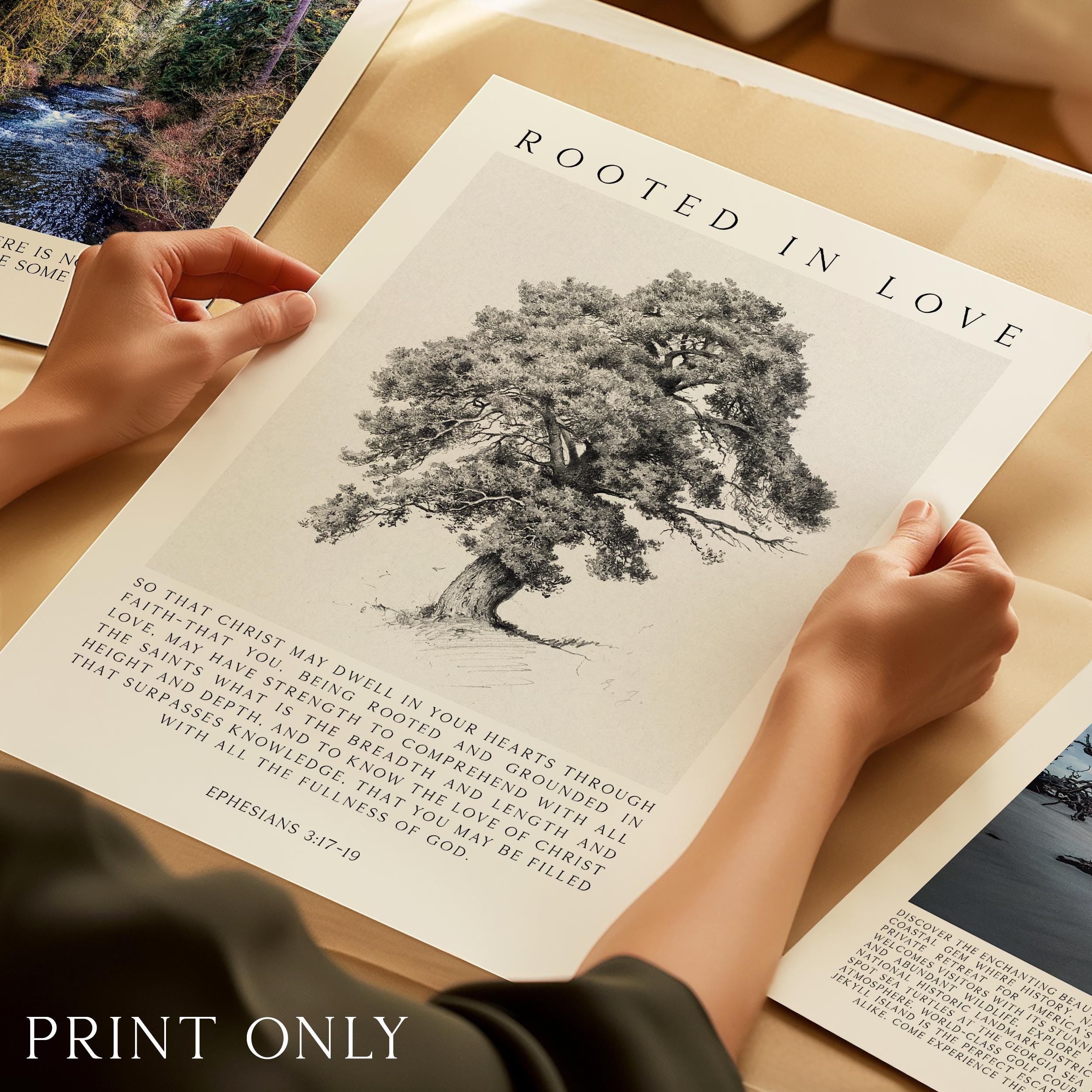 Rooted in Love Scripture Print – Ephesians 3:17-19 Christian Wall Art with Tree Illustration
