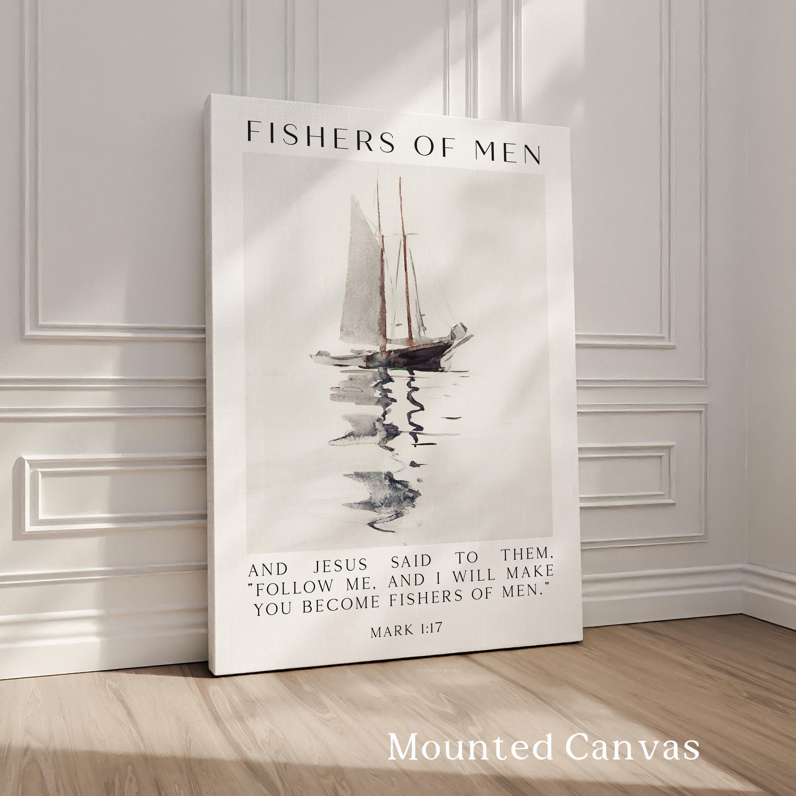 Fishers of Men Wall Art, Mark 1:17 Scripture Print, Christian Nautical Typography Artwork for Home & Church Décor