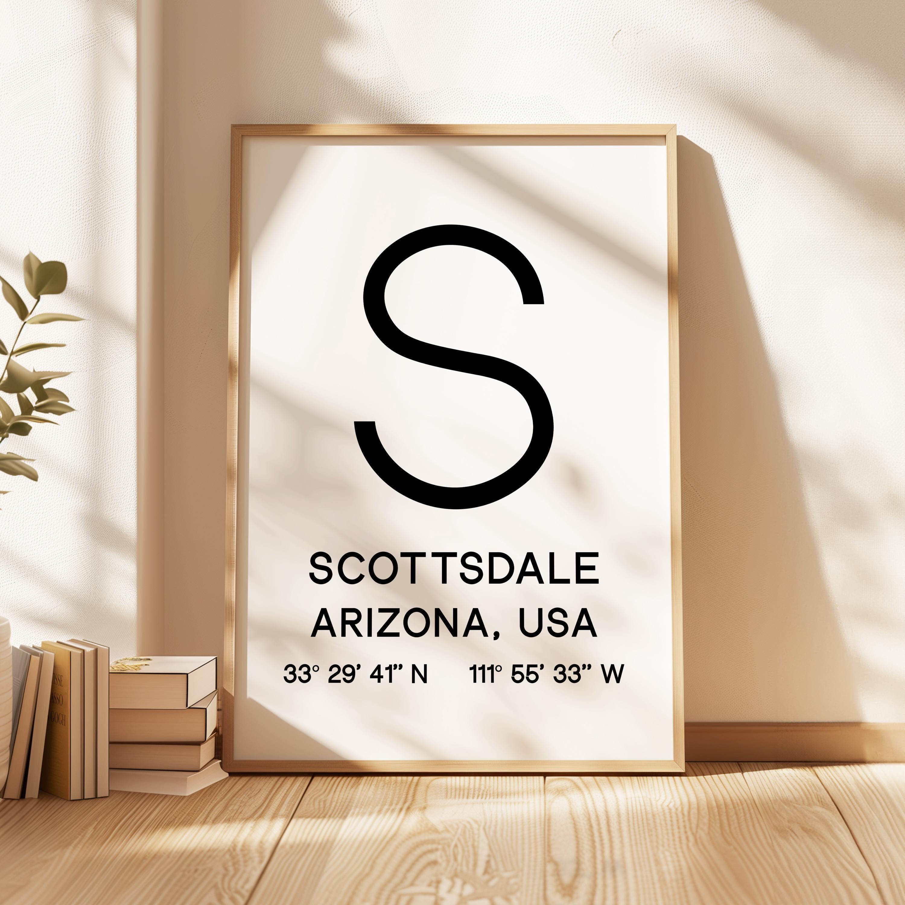 Scottsdale Arizona Wall Art, AZ Print, City GPS Coordinates, Travel Souvenir, Minimalist, Housewarming Gift