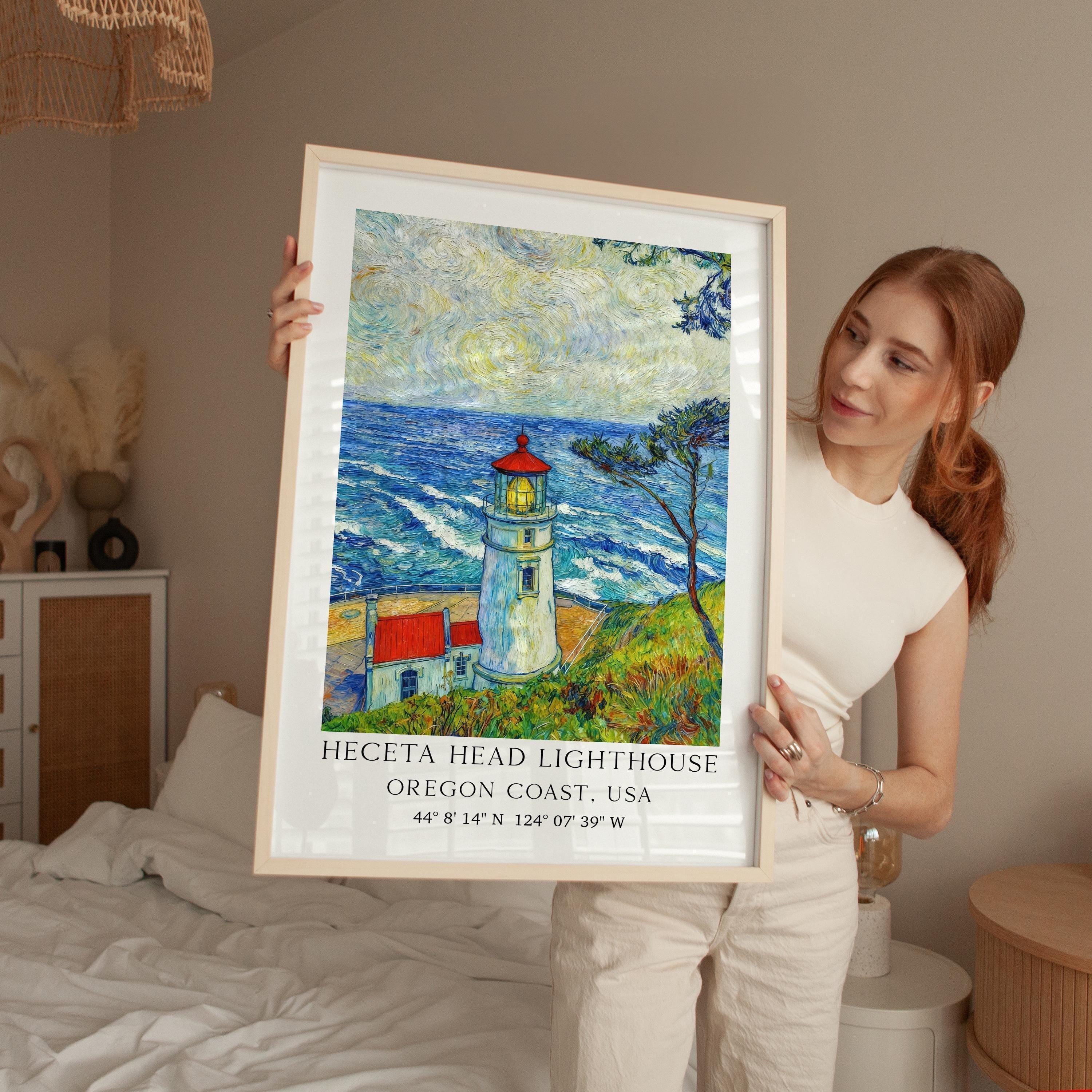 Heceta Head Lighthouse Wall Art: Oregon Coast Seascape, Van Gogh Inspired