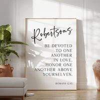 Be Devoted to One Another in Love, Romans 12:10, Personalized with Name, Typography Art Print, Christian, Wedding, Anniversary