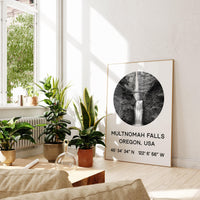 Multnomah Falls, Oregon with GPS Coordinates Art Print, Travel - Explore - Hike - Nature