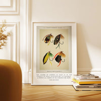 The charm of fishing is that it is the pursuit... John Buchan Quote featuring Trout & Bass Flies by Mary Orvis Marbury. Typography Art Print