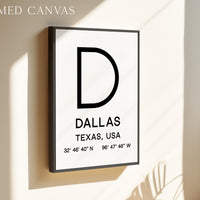 Dallas, Texas with GPS Coordinates Minimalist Art Print, Travel, Decor