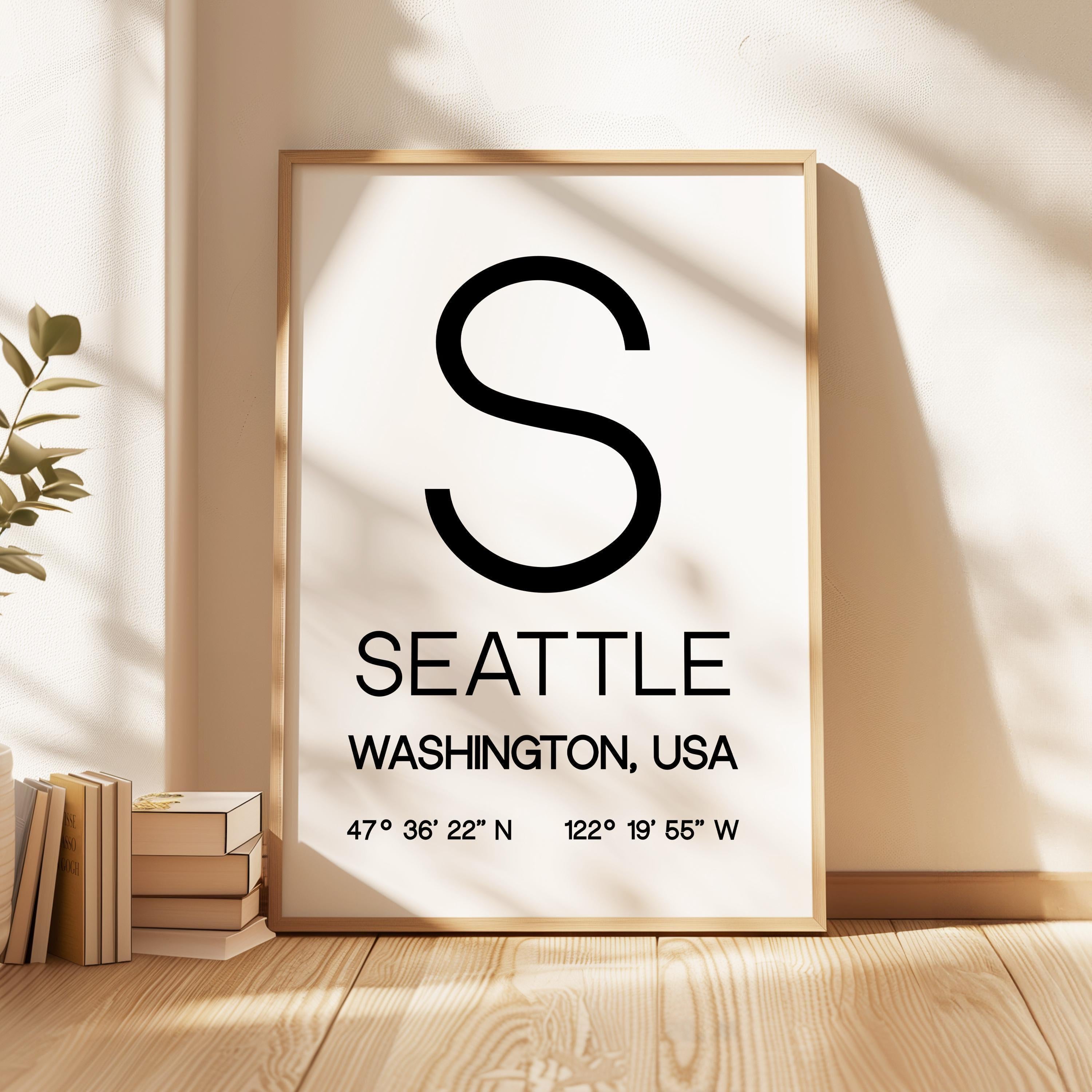 Seattle, Washington with GPS Coordinates Typography Wall Art Print, Office, Home Decor, Restaurant, Apartment, Condo • Gift