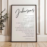 Personalized Family Name Scripture Print, Love Is Patient Kind, 1 Corinthians 13:4-8, Anniversary Gift