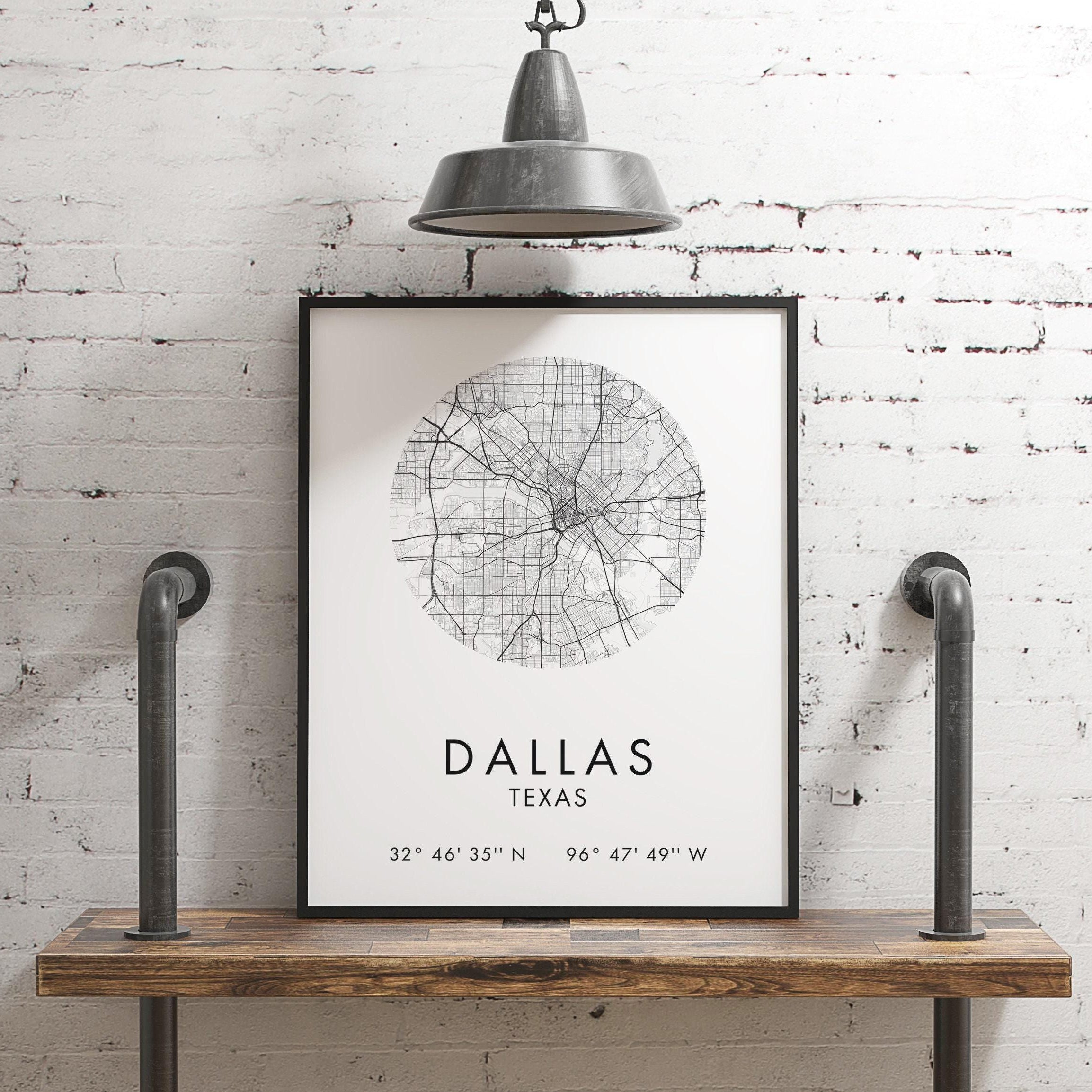Dallas, Texas City Street Map with GPS Coordinates Art Print, Office - Home Decor - Restaurant - Apartment - Condo - Typography