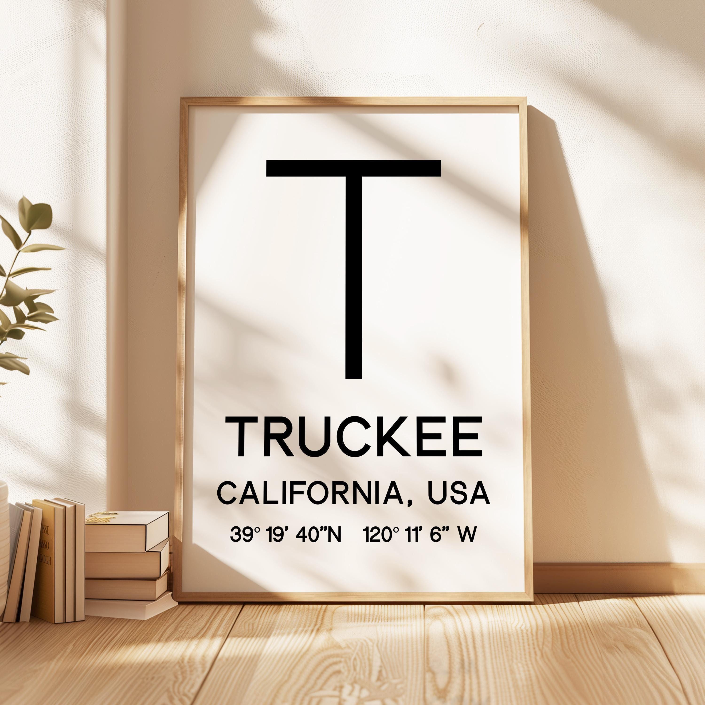 Truckee, California with GPS Coordinates Minimalist Art Print, Travel, Ski, Sierra Nevada