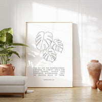 Ephesians 2:10 "For we are his workmanship, created in Christ Jesus for good works,..." Typography Art Print, Abstract Plant Leaves - BOHO
