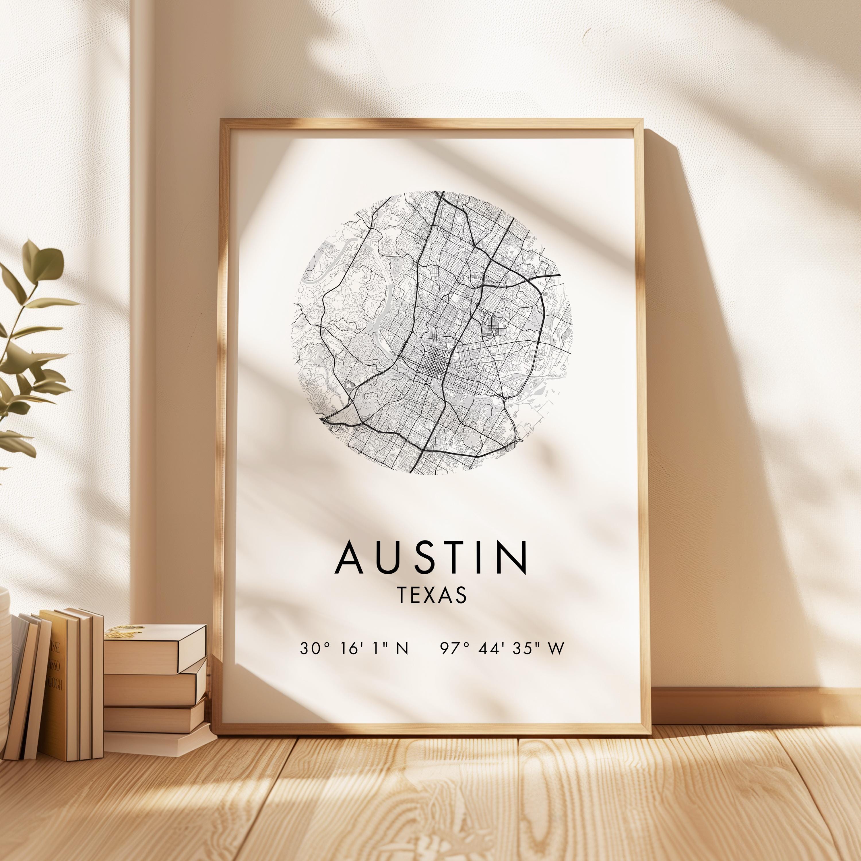 A framed map of Austin, Texas, with the city's location and coordinates displayed.