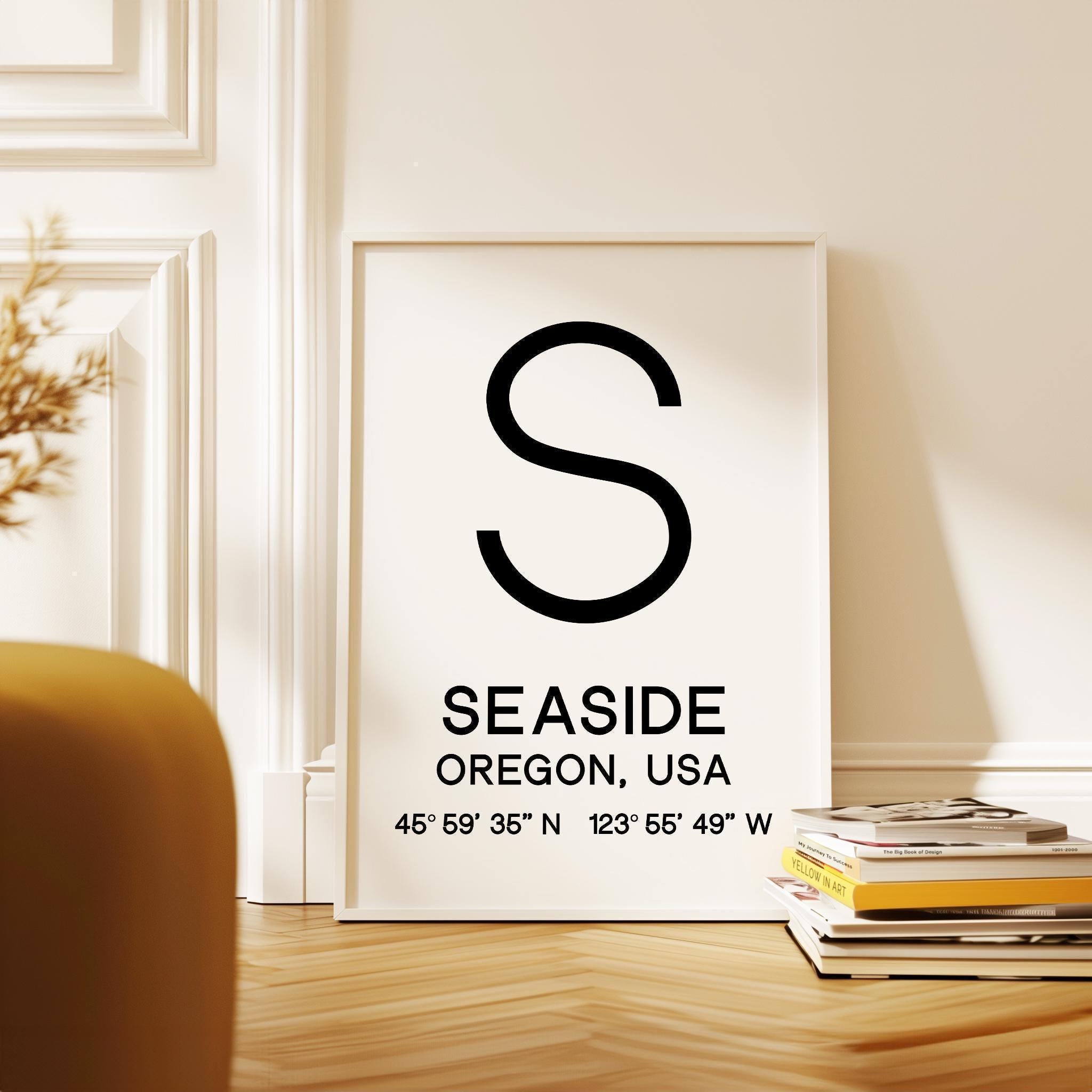 Seaside, Oregon with GPS Coordinates Minimalist Art Print, Travel, Coast