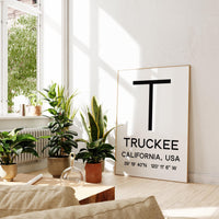 Truckee, California with GPS Coordinates Minimalist Art Print, Travel, Ski, Sierra Nevada