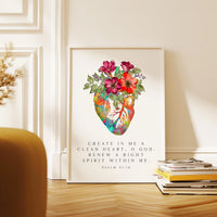 Psalm 51:10 Wall Art, Create In Me Clean Heart Print, Christian Floral Bible Decor