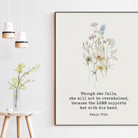Psalm 37:24 Typography Art Print, Though She Falls, She Will Not be Overwhelmed - Faithful - Christian - Bible Verse
