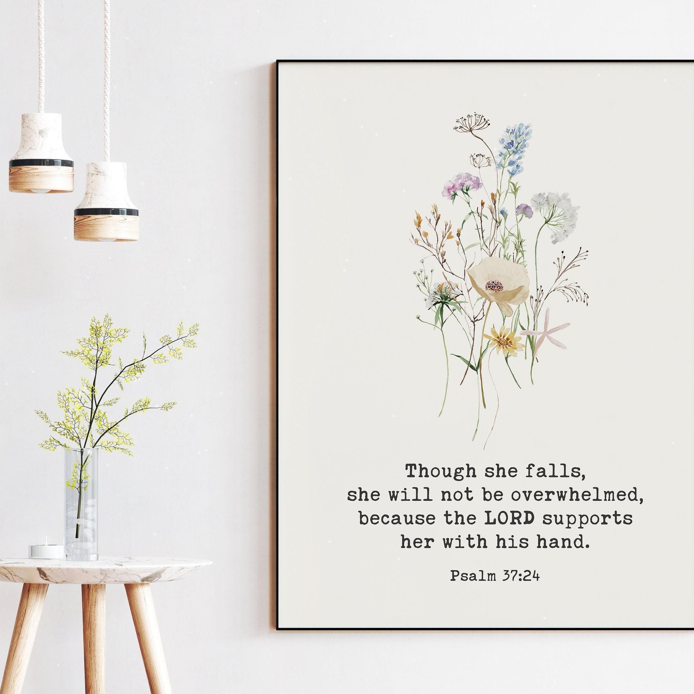 Psalm 37:24 Typography Art Print, Though She Falls, She Will Not be Overwhelmed - Faithful - Christian - Bible Verse