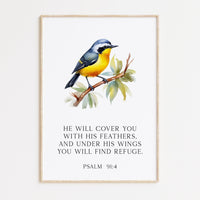 Psalm 91:4 He will cover you with His feathers, and under His wings you will find refuge. Art Print, Faith - Religious - Scripture