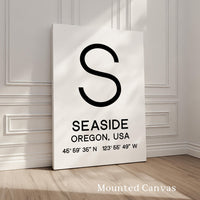 Seaside, Oregon with GPS Coordinates Minimalist Art Print, Travel, Coast