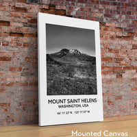 Mount Saint Helens Washington USA with GPS Coordinates Black & White Photography Art Print, Travel - Hiking - Nature - Wildflowers