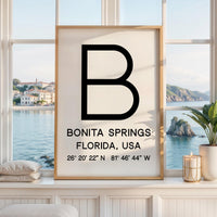 Bonita Springs, Florida with GPS Coordinates Minimalist Typography Art Print