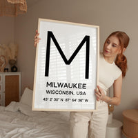 Milwaukee, Wisconsin Wall Art, GPS Coordinates Print, City Typography, Travel Decor