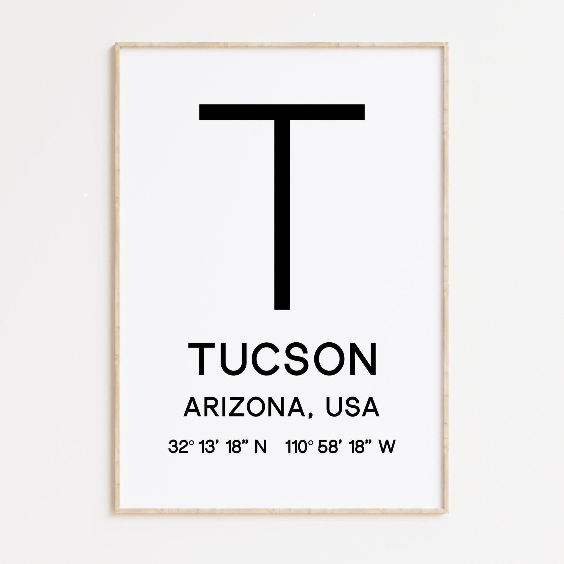 Tucson Arizona with GPS Coordinates Typography Minimalist Art Print