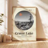 Crater Lake, Oregon, Mid•Century Modern, Featuring GPS Coordinates, Typography Art Print