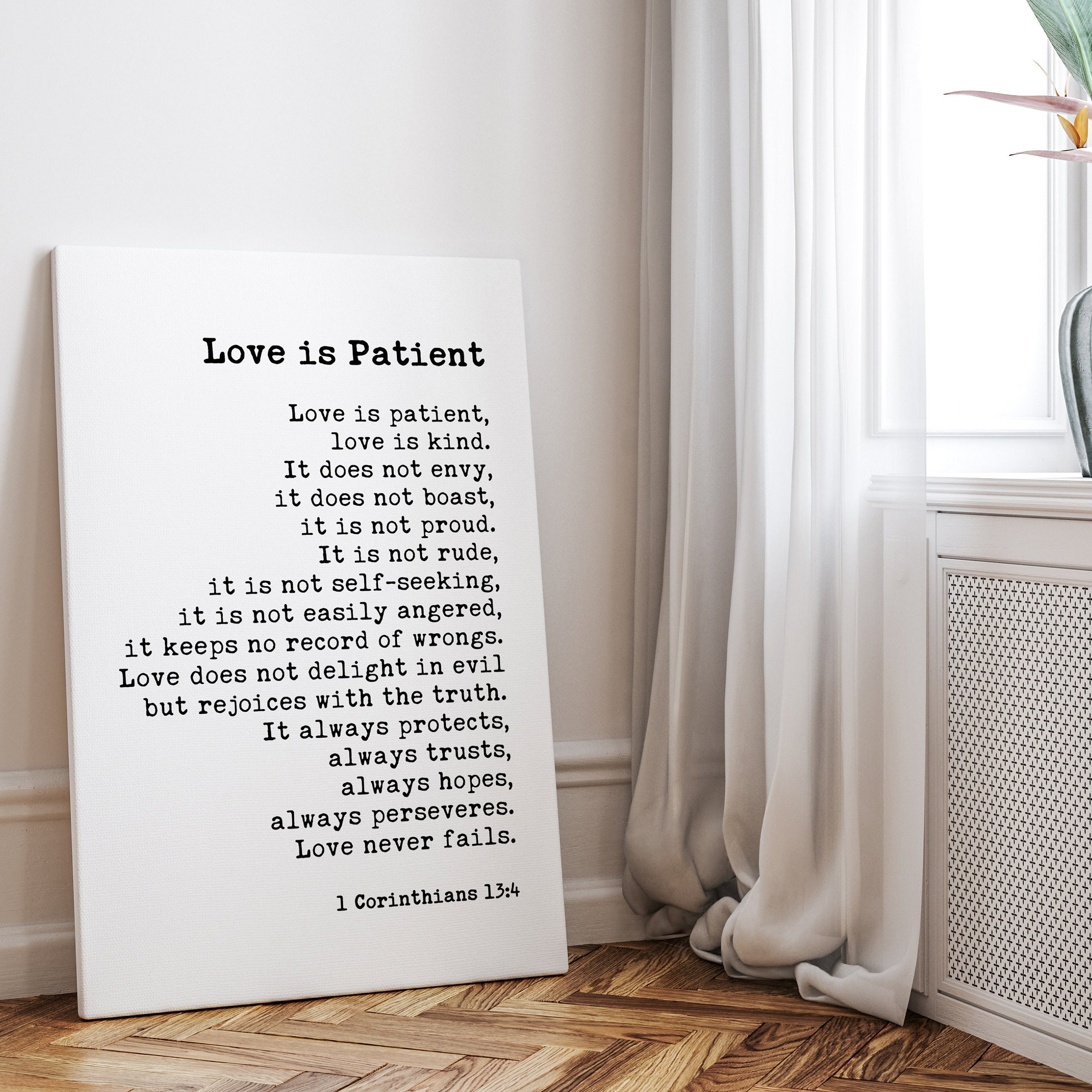 1 Corinthians 13:4 Love is Patient Canvas Print, Scripture Typography Wall Art