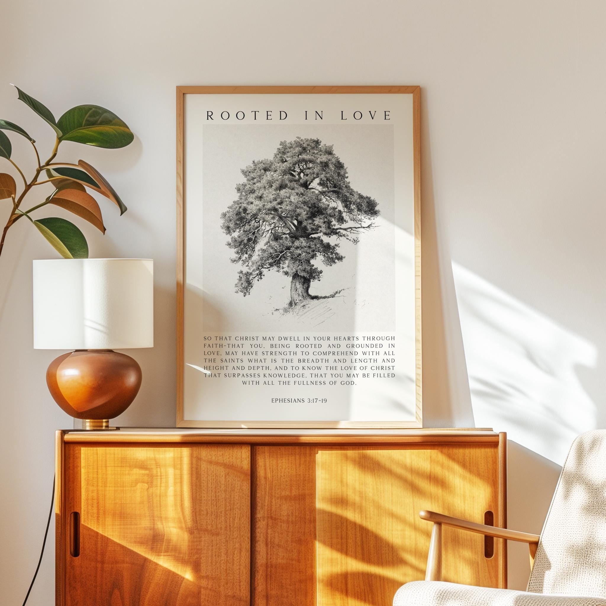 Rooted in Love Scripture Print – Ephesians 3:17-19 Christian Wall Art with Tree Illustration