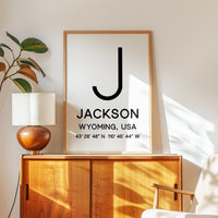 Jackson, Wyoming with GPS Coordinates Minimalist Typography Art Print, Tetons, Travel, Ski