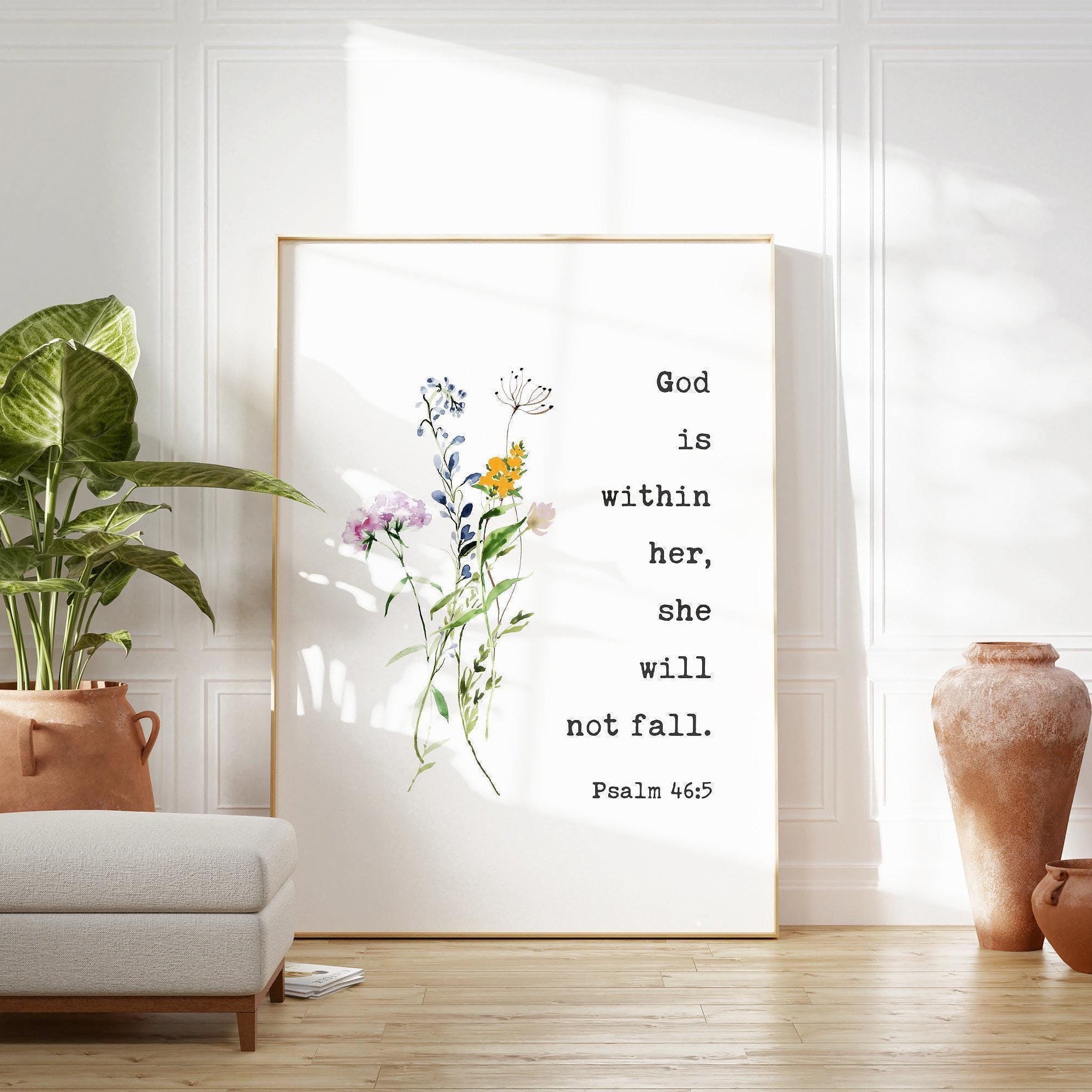 Psalm 46:5 God is within her, she will not fall. Typography Art Print with Wildflowers, Faith, Gift, Christian