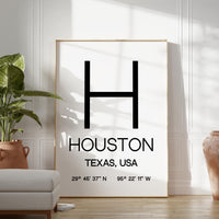 Houston, Texas with GPS Coordinates Typography Art Print, Office, Home Decor, Restaurant, Apartment, Condo • Gift