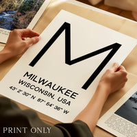 Milwaukee, Wisconsin Wall Art, GPS Coordinates Print, City Typography, Travel Decor
