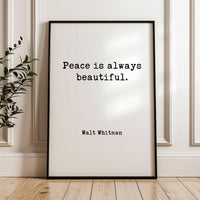 Peace is Always Beautiful, Walt Whitman Quote, Typography Art Print, Leaves of Grass (1855)