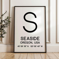 Seaside, Oregon with GPS Coordinates Minimalist Art Print, Travel, Coast