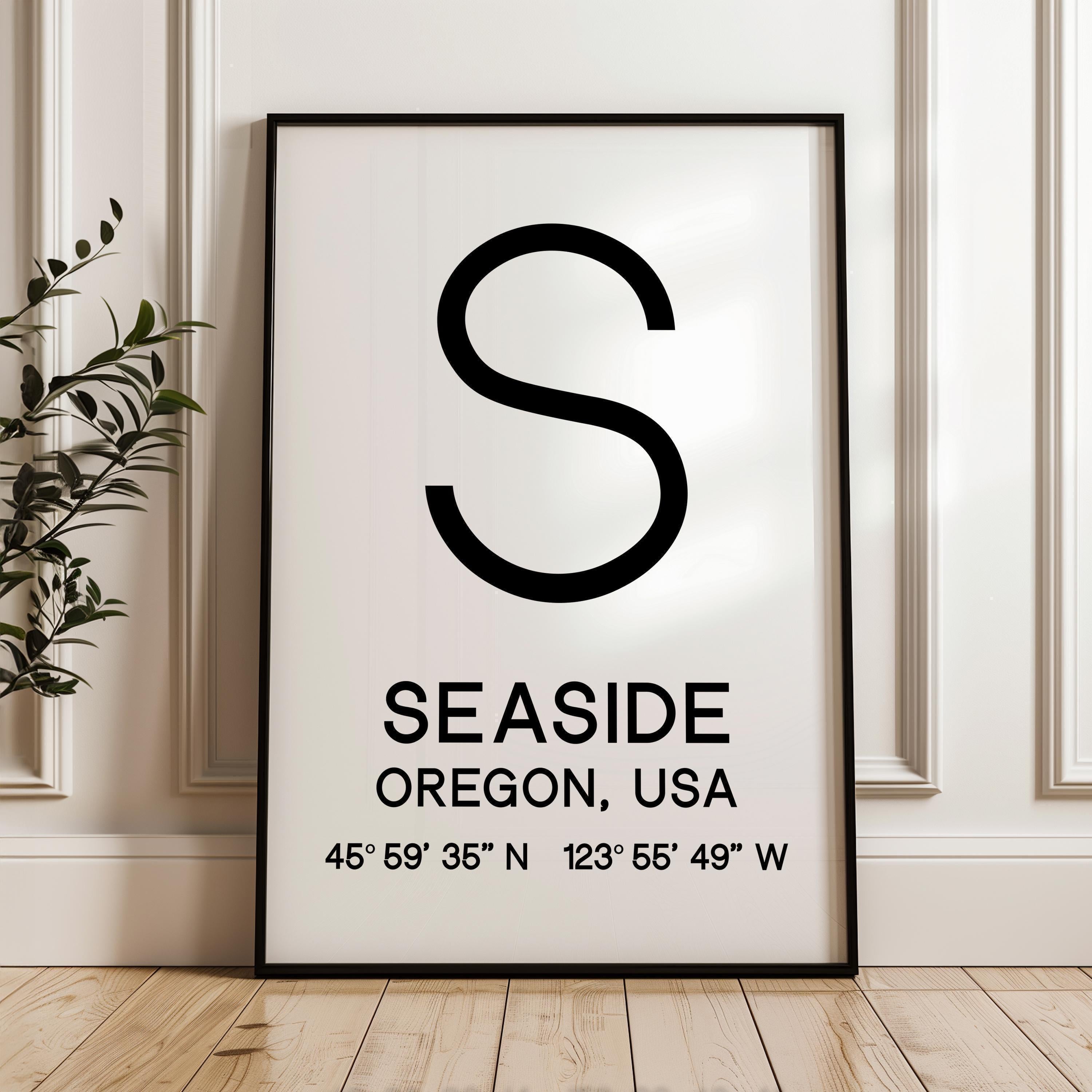 Seaside, Oregon with GPS Coordinates Minimalist Art Print, Travel, Coast