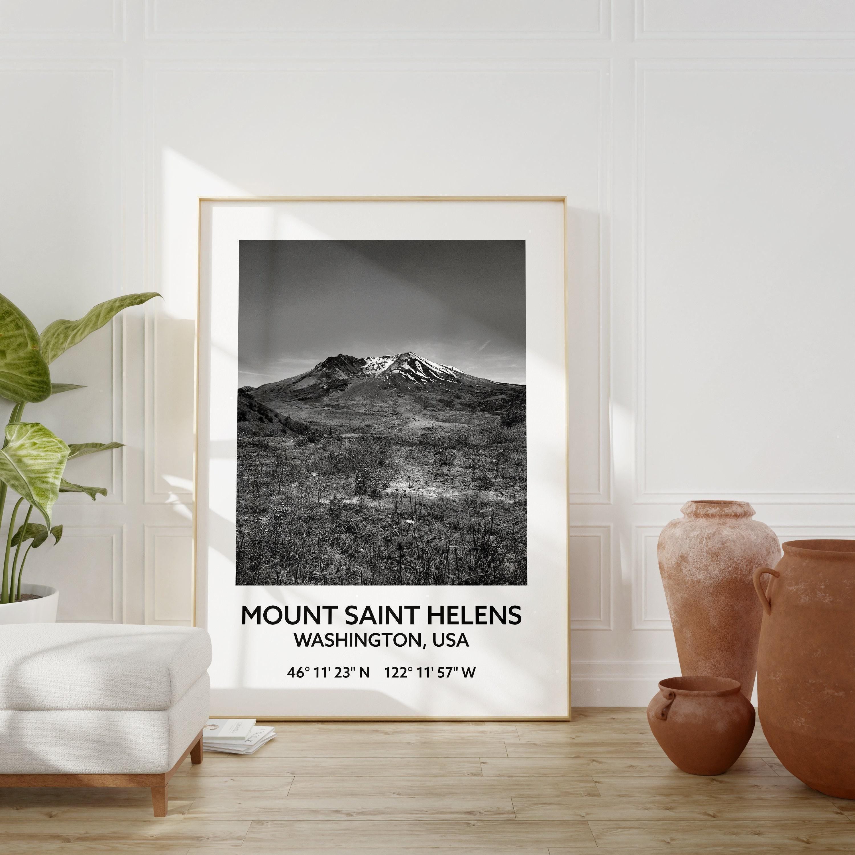 Mount Saint Helens Washington USA with GPS Coordinates Black & White Photography Art Print, Travel - Hiking - Nature - Wildflowers