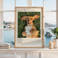 A framed photo of a golden retriever dog sitting in the grass, with a text overlay that reads "Wally was more than a beloved pet he was family, a loyal companion, and a source of unconditional love. His gentle spirit, kind heart, and playful nature will never be forgotten. Through his love for our family, he will remain forever in our hearts."