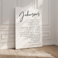 Personalized Family Name Scripture Print, Love Is Patient Kind, 1 Corinthians 13:4-8, Anniversary Gift