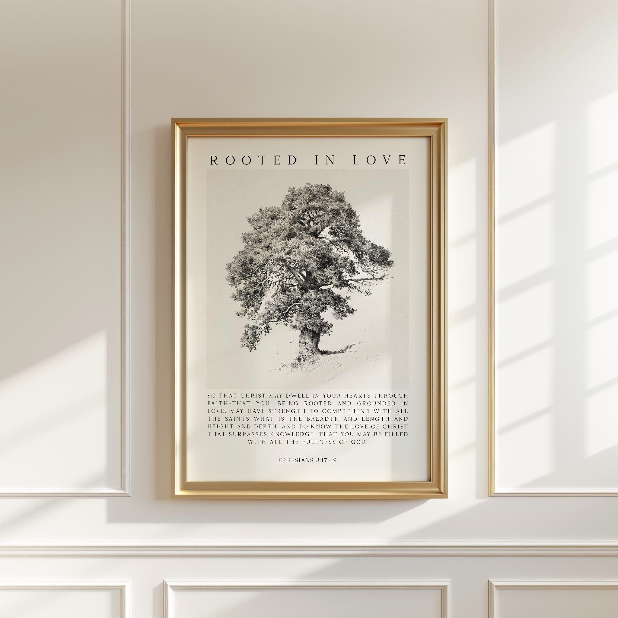 Rooted in Love Scripture Print – Ephesians 3:17-19 Christian Wall Art with Tree Illustration